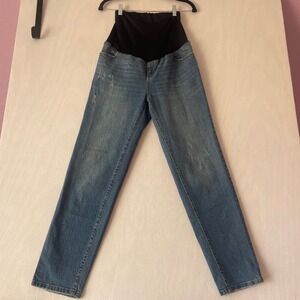 Isabel Maternity Straight Leg Jeans Medium Wash Full Belly Distressed Blue Sz 4